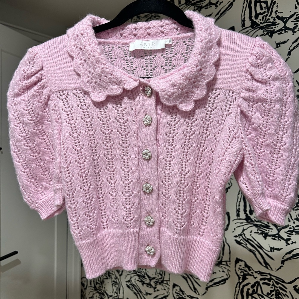 Astr Light Pink Knit Cardigan with Scalloped Collar